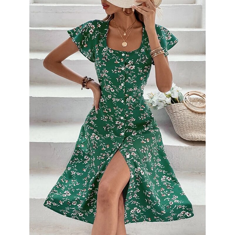 Women's Long Dress Maxi Dress Shirt Dress Casual Dress Floral Dress Boho Dress Elegant Fashion Hot Butterfly Sleeve Outdoor Party Date Regular Fit Floral Short Sleeve Square Neck Burgundy Blue Green3