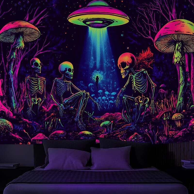 Halloween Blacklight Tapestry Glow in the Dark Glow Party UV Reactive Skull Aliens Trippy Forest Misty Nature Landscape Hanging Tapestry Wall Art Mural for Living Room Bedroom
