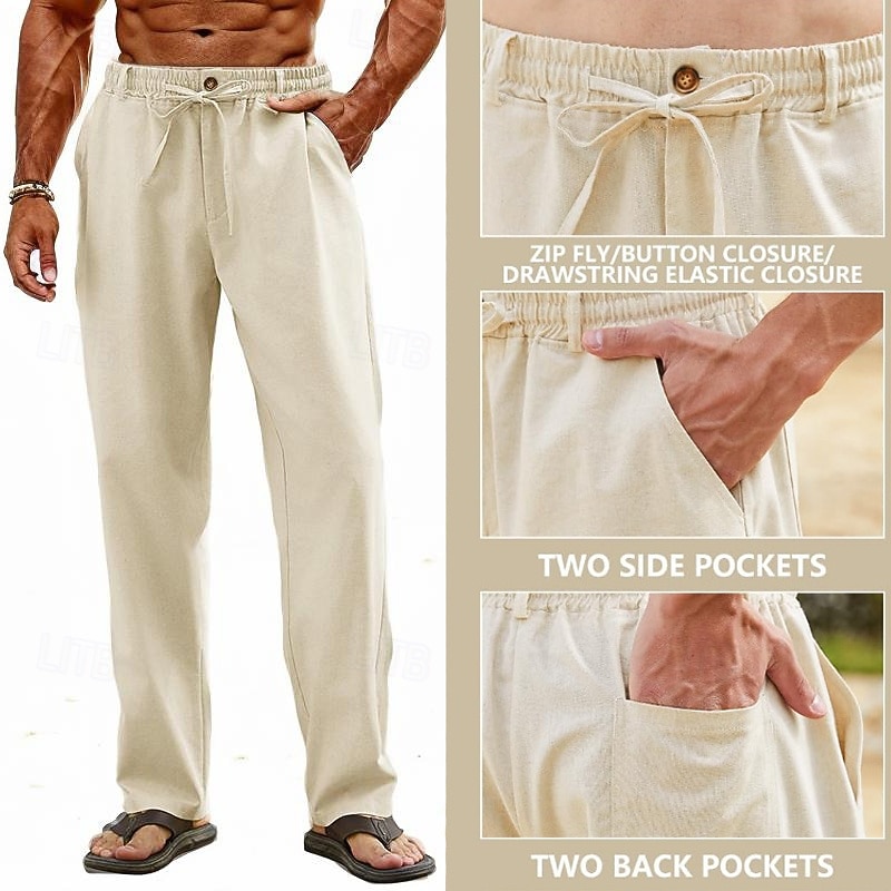 Men's Linen Pants Trousers Summer Pants Baggy Pants Beach Pants Drawstring Elastic Waist Straight Leg Plain Comfort Breathable Full Length Casual Daily Holiday Vacation Fashion Black Apricot3