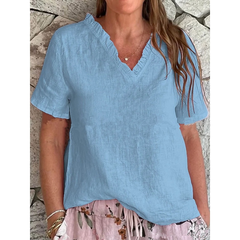 Women's Cotton Linen Blouse Solid Color Elegant Casual Short Sleeve V Neck Regular Tops Daily Holiday Ruffle Black White Yellow Pink Blue Summer Spring3