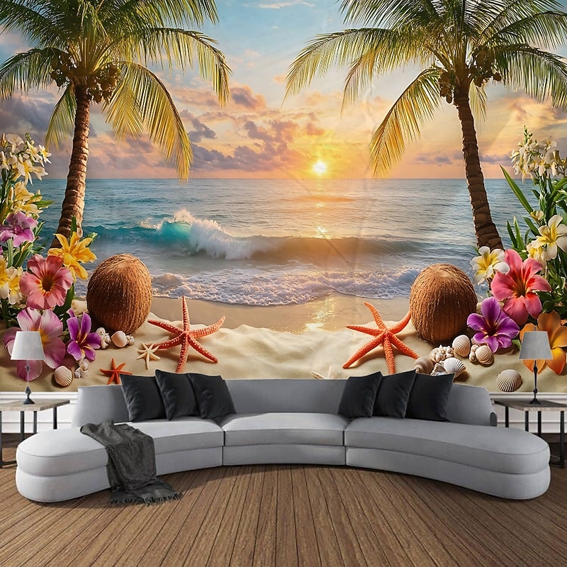 Beach Ocean Coconut Trees Sea View Sunrise Scenery Tapestry Decorative Art Carpet Curtain Hanging Home Bedroom Living Room Decoration