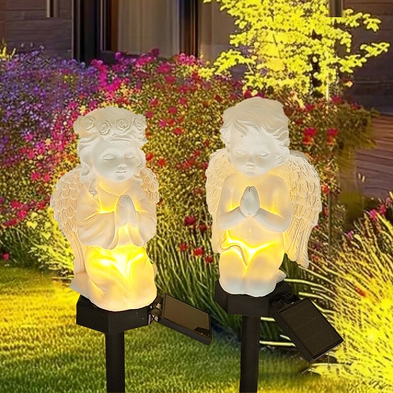2 Pcs Outdoor Pathway Lights Solar Angel Baby Field Plug in Light Courtyard Garden Path Lawn Cemetery Decoration Light Landscape Light