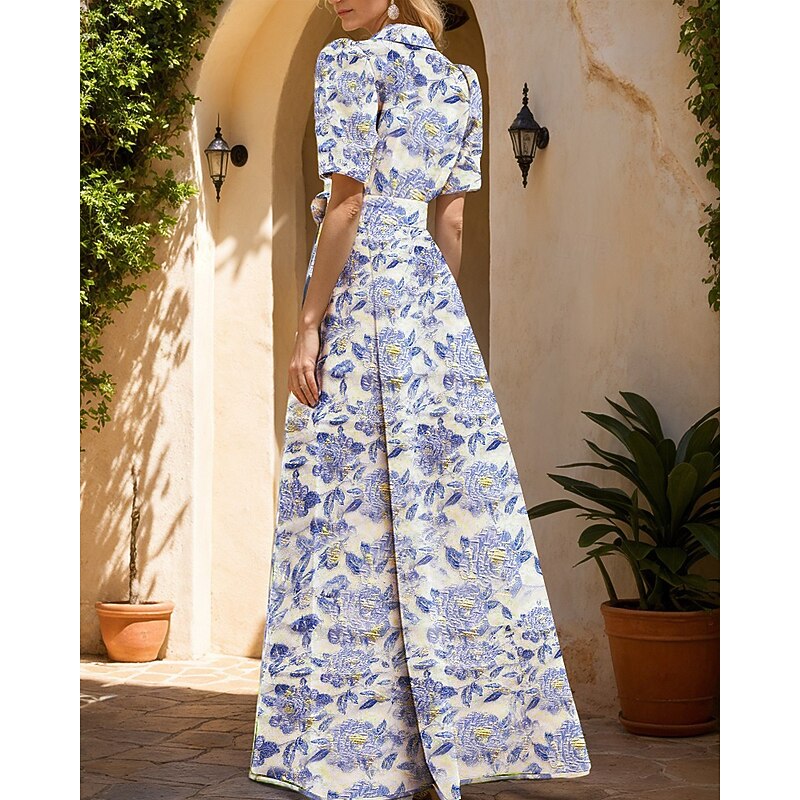 A-Line Evening Gown Brocade Formal Wedding Guest Celebrity Style Floor Length Short Sleeve Shirt Collar Belt / Sash Polyester with Floral Print Wedding Guest Dress2