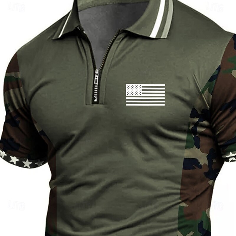 American Independence Day Men's American US Flag Zip Polo Shirts Short Sleeve Polo Shirts Collared Shirts Casual Athleisure Daily Wear 3D Print Summer Blue Green Gray4