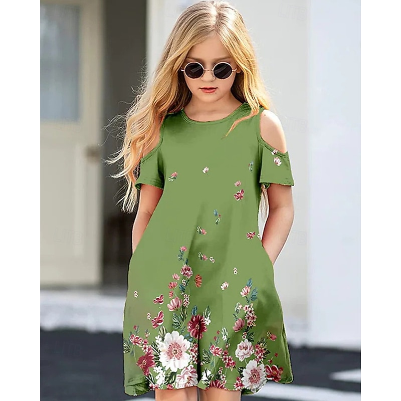 Girls' 3D Flower Dress Short Sleeve Summer Spring Vacation Daily Holiday Beautiful Sweet Kids 4-12 Years Casual Dress Knee-length Regular Fit