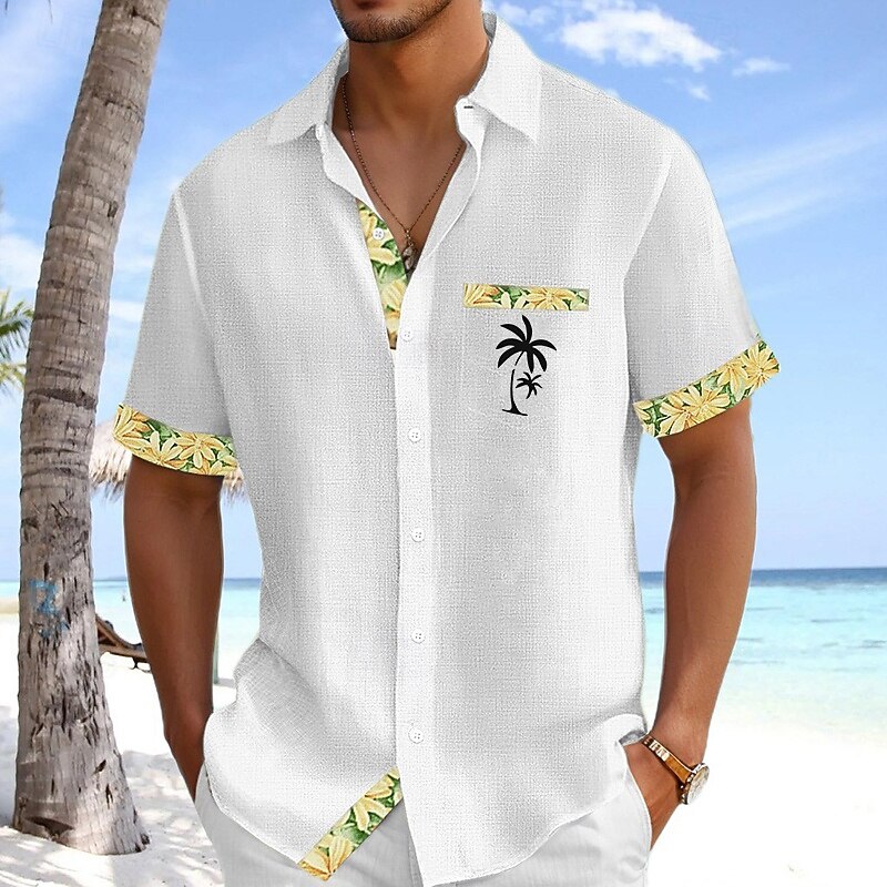 Men's Shirt Linen Shirt Summer Shirt Beach Shirt Button Up Shirt Coconut Tree Holiday Daily Wear White Pink Sky Blue Green Short Sleeve Turndown Summer Clothing Apparel Front Pocket