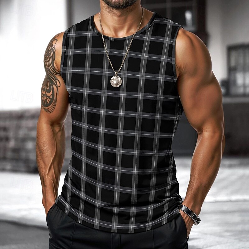 Men's Vest Top Undershirt Sleeveless Shirt Sleeveless Crewneck Spring & Summer Plaid / Striped / Chevron / Round Fashion Designer Vacation Street Going out Black Brown Khaki Top Tee for Men
