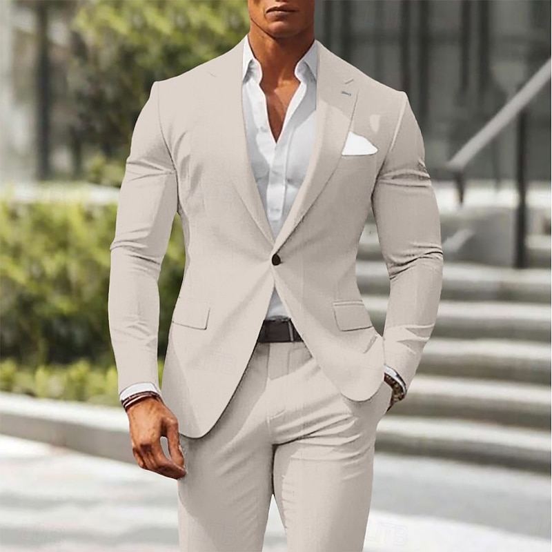 Men's Wedding Casual Linen Suits Notch Lapel pea green Pink Solid Colored Standard Fit 2 Piece Single Breasted One-button4
