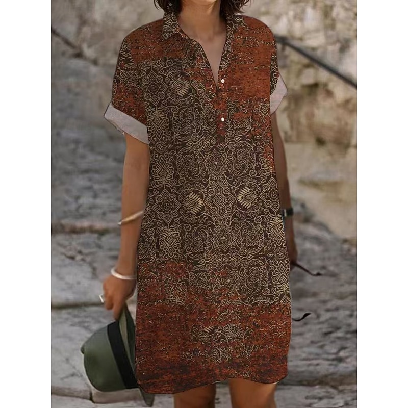 Women's Mini Dress Sundress Casual Beach Daily Regular Fit Flower Short Sleeve Shirt Collar White Yellow Red Brown Summer4