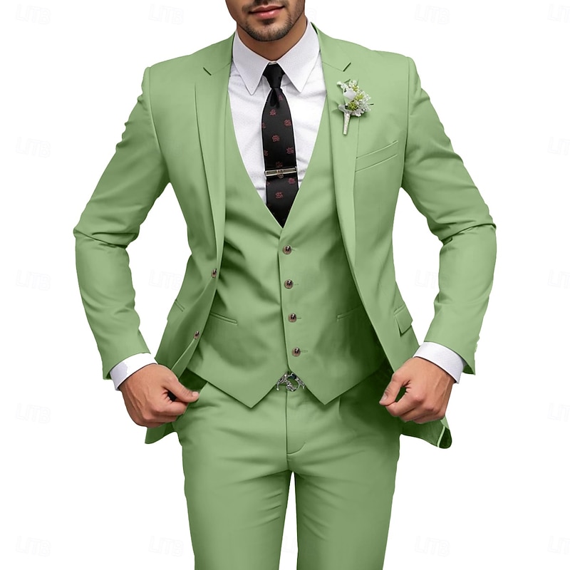 Men's Wedding Business Suits Sage Summer Formal Solid Colored Standard Fit 3 Piece Single Breasted Two-buttons