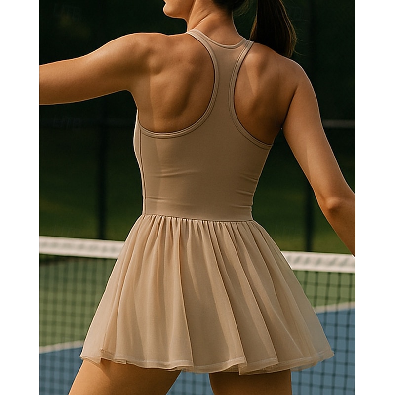 Women's Solid Colored Tennis Dress with Built in Shorts and Bra Sports Dress Sleeveless Contrast Mesh Tennis Golf Pickleball U Neck Dress Black Cream Dark Navy Tennis Clothing2