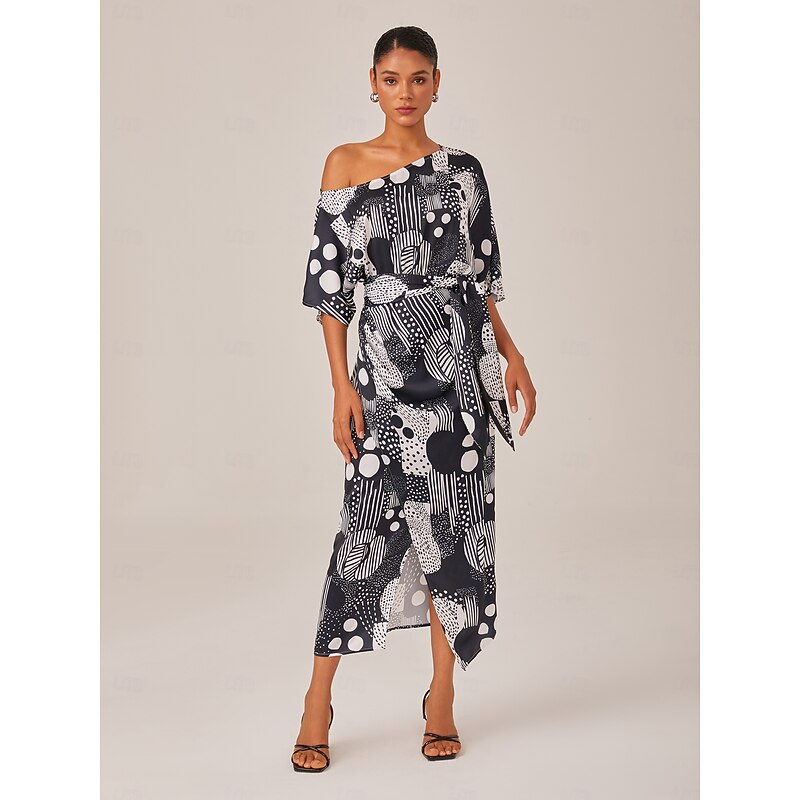 Black and White Polka Dot Wrap Drop Shoulder Maxi Dress