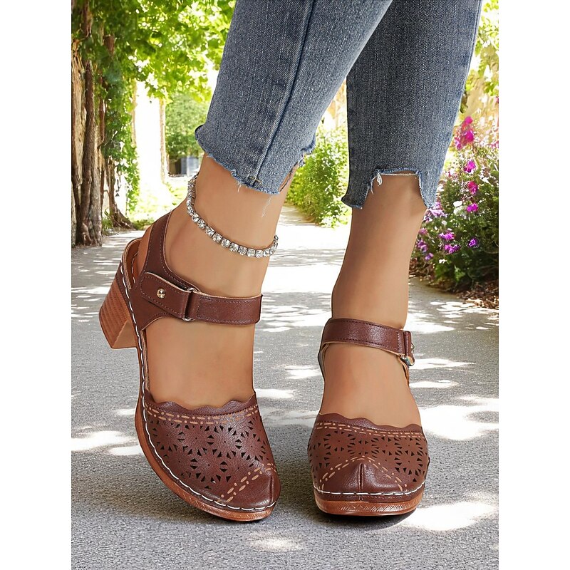 Women's Cutout Faux Leather Block Heel Sandals with Adjustable Strap – Comfort Shoes for Daily Commute, Garden Party, Farmers Market & Boho Summer Outings3