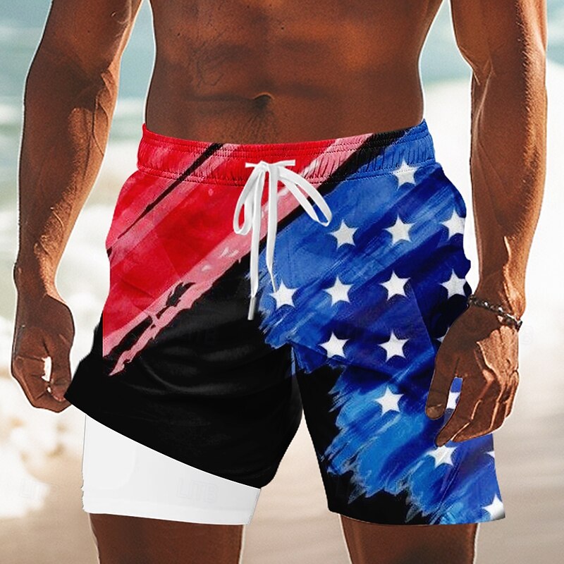 Independence Day Men's American US Flag Patriotic 1776 Lined Shorts 2 in 1 Board Shorts Swim Trunks Mid Waist Holiday Side Pockets With Compression Liner Elastic Drawstring Waist Designer Clothing2
