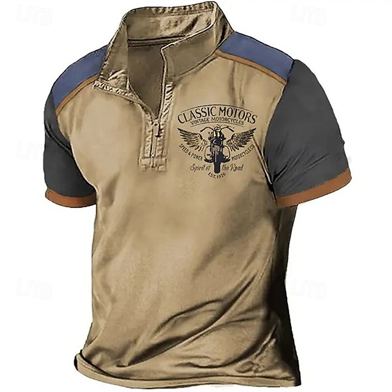 Men's T Shirt Henley Shirt Tee Short Sleeve Shirt Short Sleeve Quarter Zip Summer Color Block Motorcycle Fashion Designer Basic Patchwork Vacation Street Going out Blue Green Khaki Top Tee for Men