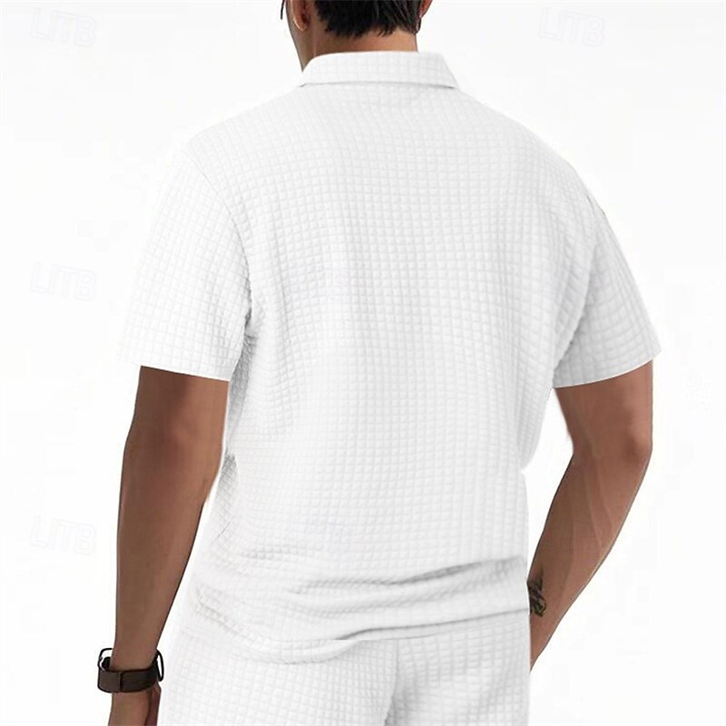 Men's Waffle Polo Shirts Quarter Zip Polo Daily Holiday Lapel Short Sleeve Fashion Basic Plain Jacquard Summer Regular Fit Black White Khaki Light Grey Army Green Waffle Polo Shirts4