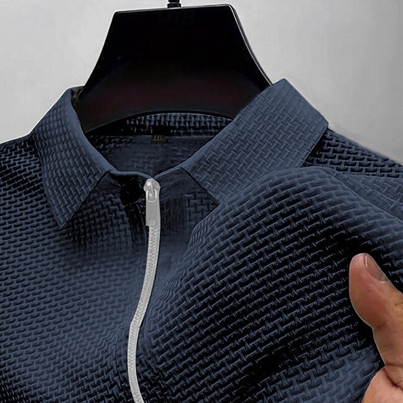 Men's Quarter Zip Polo Golf Shirt Daily Holiday Lapel Short Sleeve Fashion Basic Plain Jacquard Summer Regular Fit Black White Navy Blue Blue Dark Gray Light Sky Blue Quarter Zip Polo3
