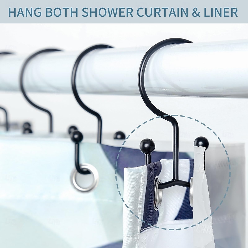 Shower Curtain Hooks, 12 Pcs Shower Curtain Rings, Durable Rust Proof Black Shower Curtain Hooks, Shower Rings for Curtain, Double Glide Shower Curtain Hooks for Shower Curtain Rods3