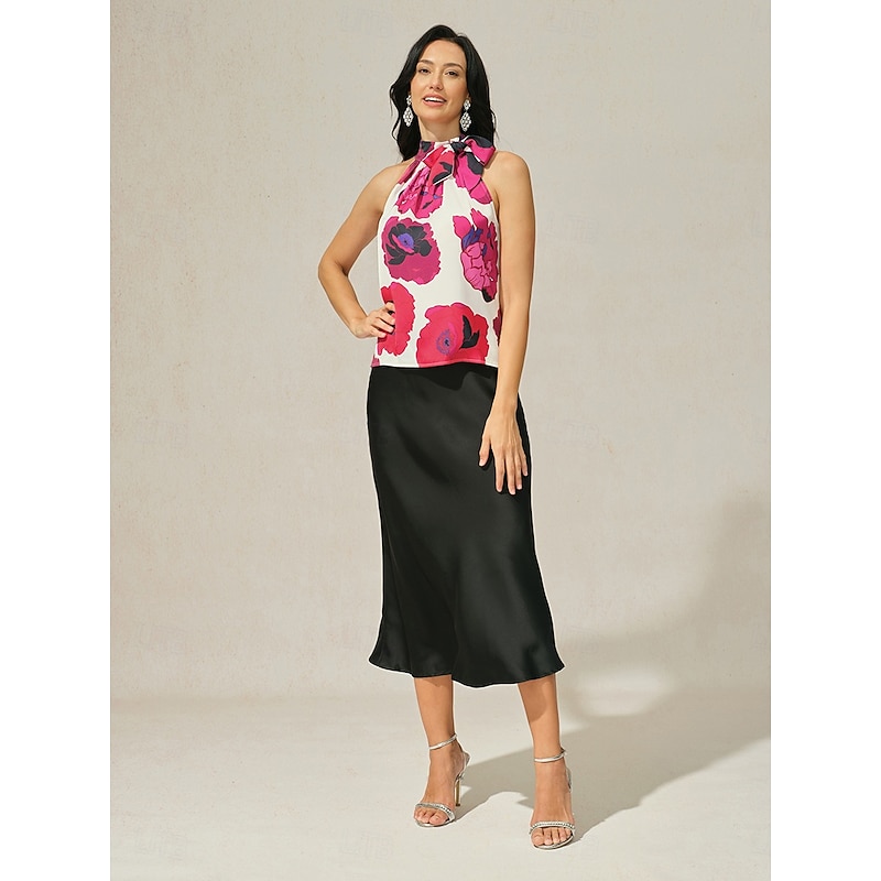 Women's Floral Print Halter Top Shirt Tank Top Casual Stain Tie Neck Sleeveless Vest 6