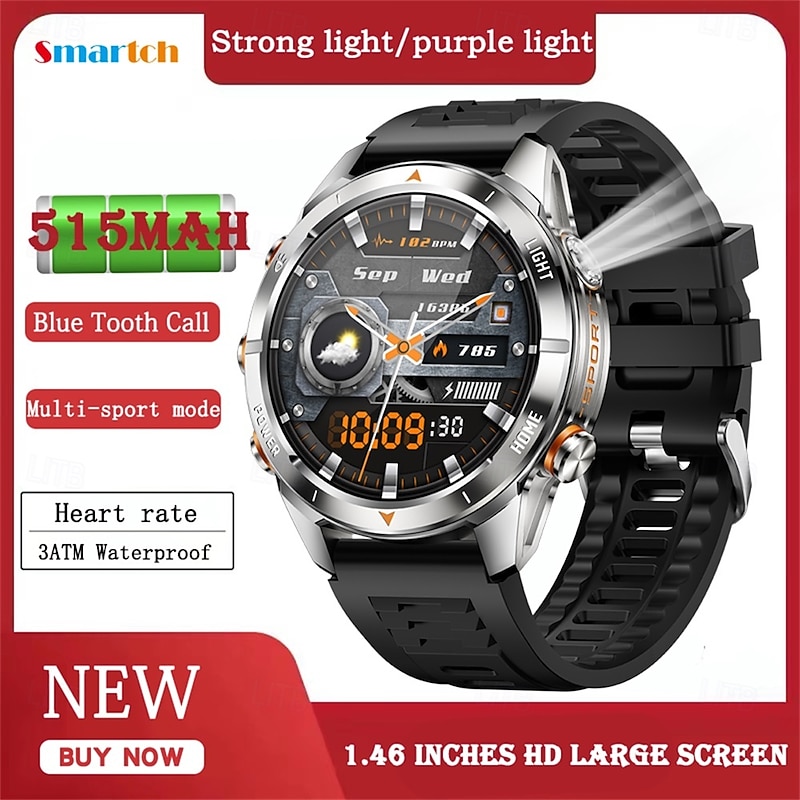 KT80 Smart Watch 1.46'' HD Display Outdoor Sports Watch with Call Reminder, Flashlight, UV Detection, Waterproof, 100+ Modes, 48mm Case