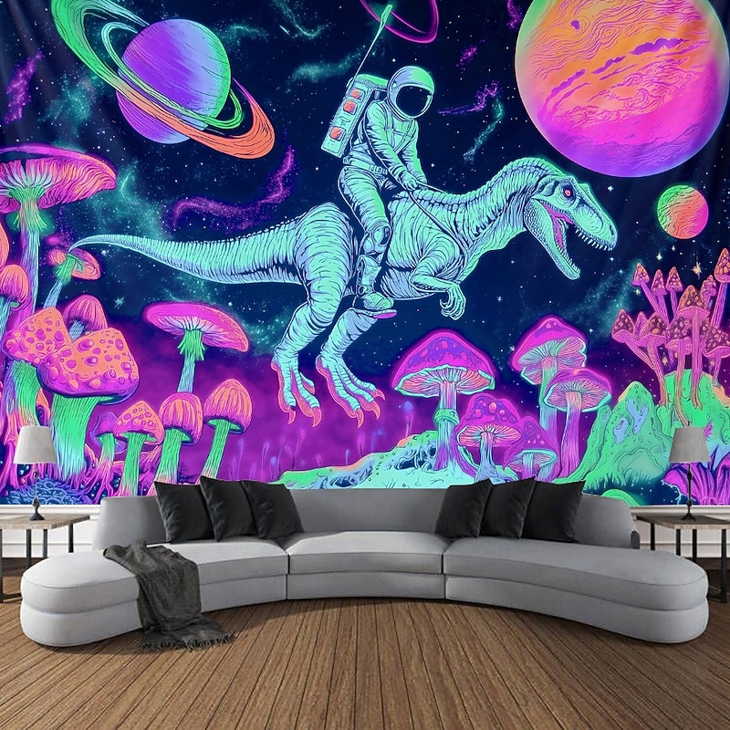Blacklight Tapestry Glow in the Dark Glow Party UV Reactive Astronaut Dinasour Trippy Misty Nature Landscape Hanging Tapestry Wall Art Mural for Living Room Bedroom3