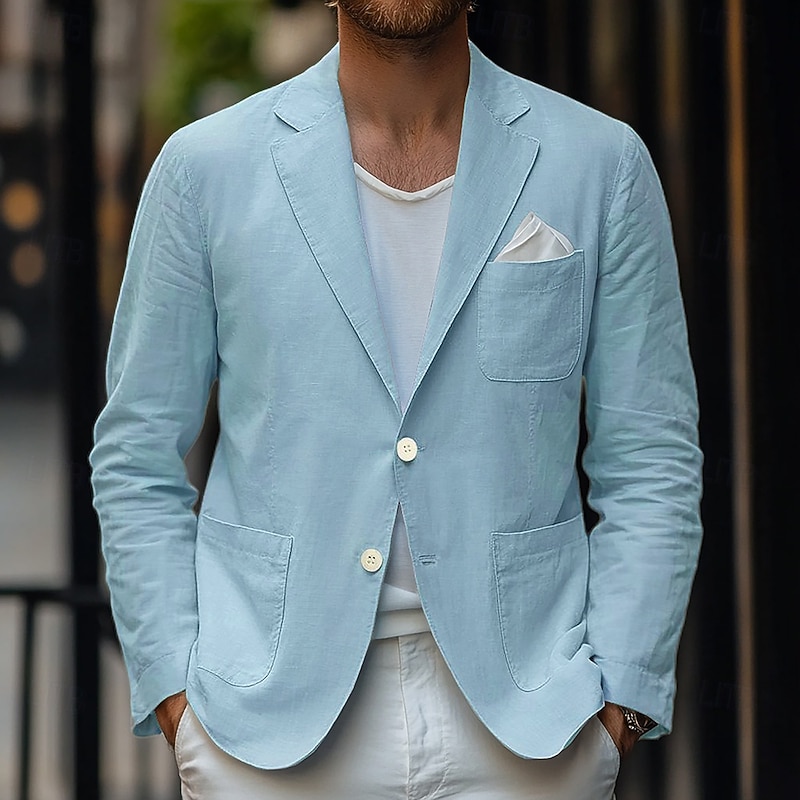 Men's Linen Blazer Sport Coat Casual Daily Spring & Summer Cotton And Linen Solid Color Comfy Single Breasted Two-button Blazer Beige Light Blue
