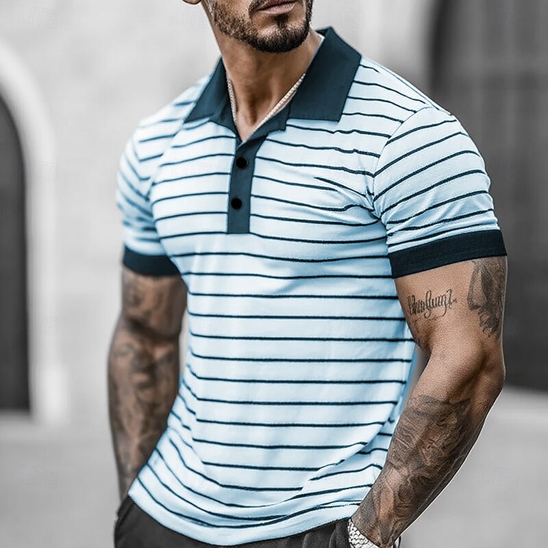 Men's Horizontal Stripes Polo Short Sleeves Lapel Casual Daily Sports & Outdoor Athleisure Buttons Summer Robin's Egg Blue White2