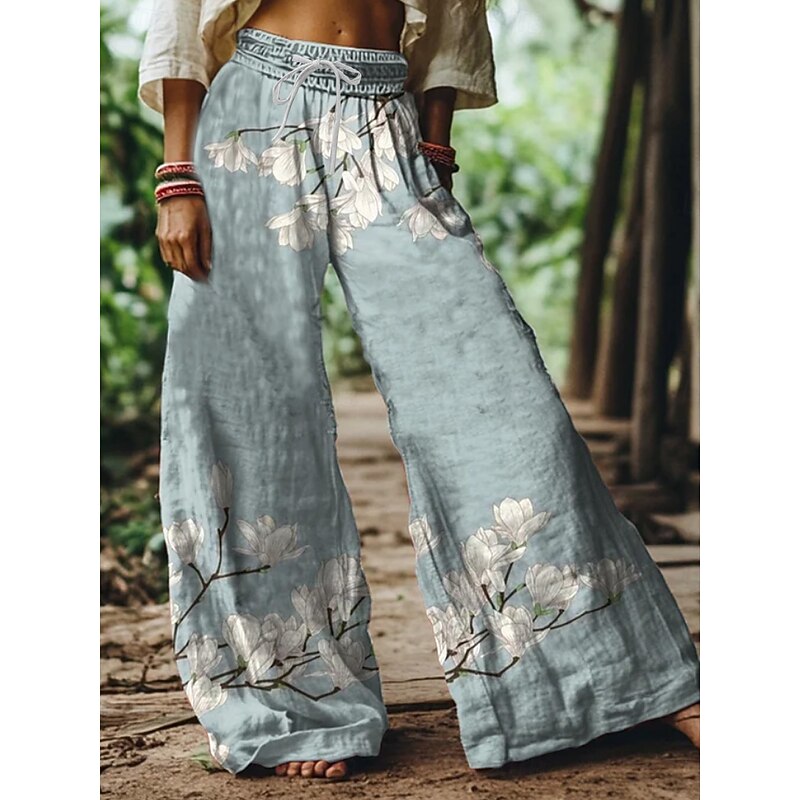 Women's Wide Leg Chinos Baggy Pants Vacation Vintage Ethnic Style Full Length High Waist Floral Graphic Printing Thermal Warm Soft Breathable Micro-elastic Vacation Street Causal claret Deep Green4