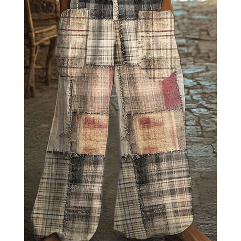 Women's Normal Jumpsuit Casual Plaid Sleeveless Wide Leg Round Neck Patchwork Street Daily Regular Fit White Summer3