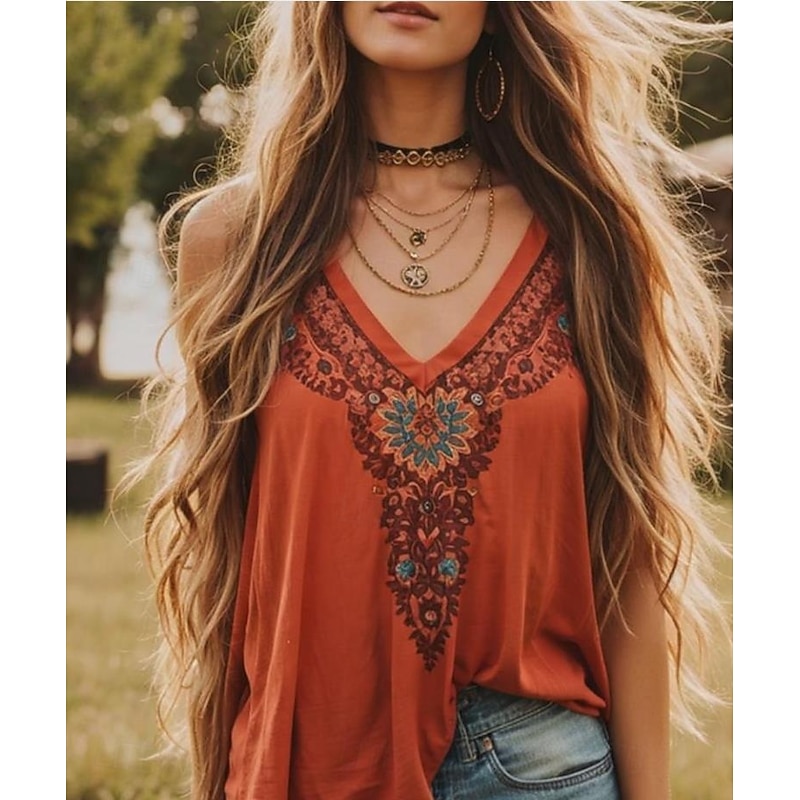 Women's Blouse Floral Graphic Paisley Bohemia Vintage Tropical Sleeveless Strap Regular Tops Daily Holiday Beach Wear Print Orange Summer Spring2