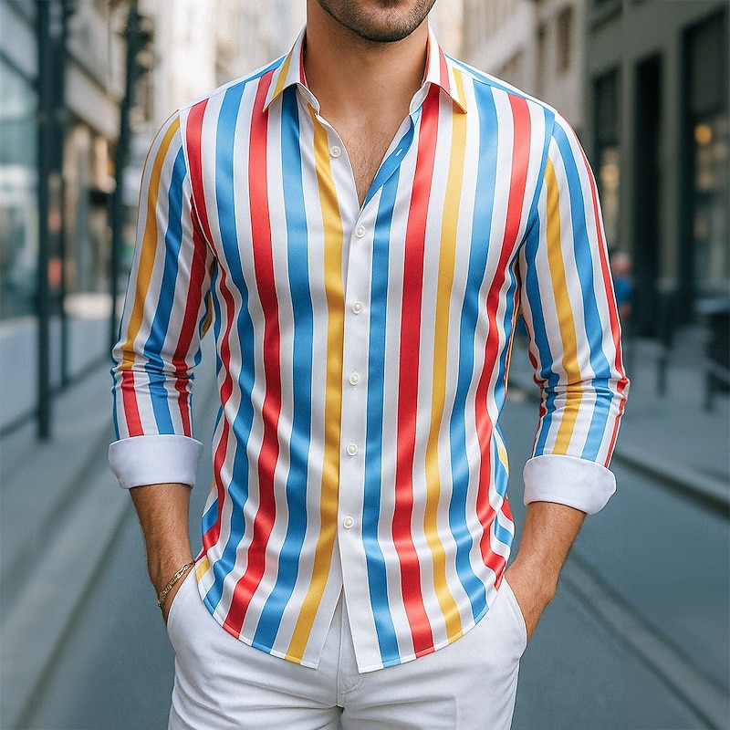 Men's Shirt Satin Shirt Striped Shirt Casual Shirt Button Up Shirt Striped Wedding Vacation Rainbow Long Sleeve Collar Spring &  Fall Clothing Apparel