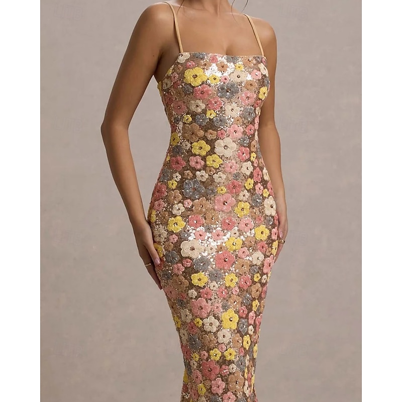 Floral Sequin Mermaid / Trumpet Prom Dresses Elegant Dress Semi Formal Wedding Guest Floor Length Sleeveless StraplessDress