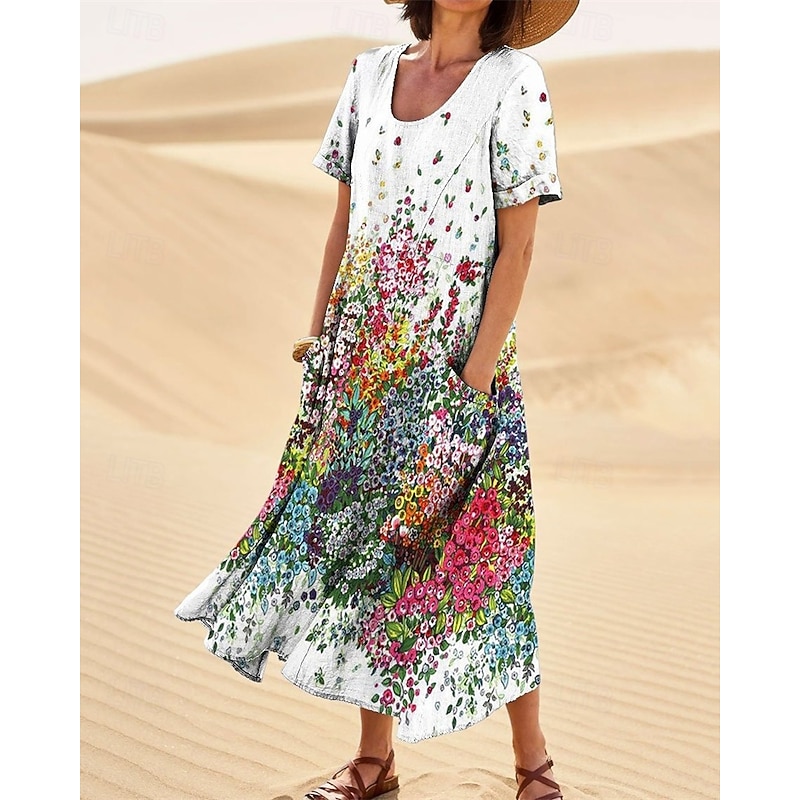 Women's Long Dress Maxi Dress Casual Dress Swing Dress Summer Dress Elegant Fashion Romantic Outdoor Party Holiday Regular Fit Flower Short Sleeve Crew Neck White Navy Blue Dark Green Summer