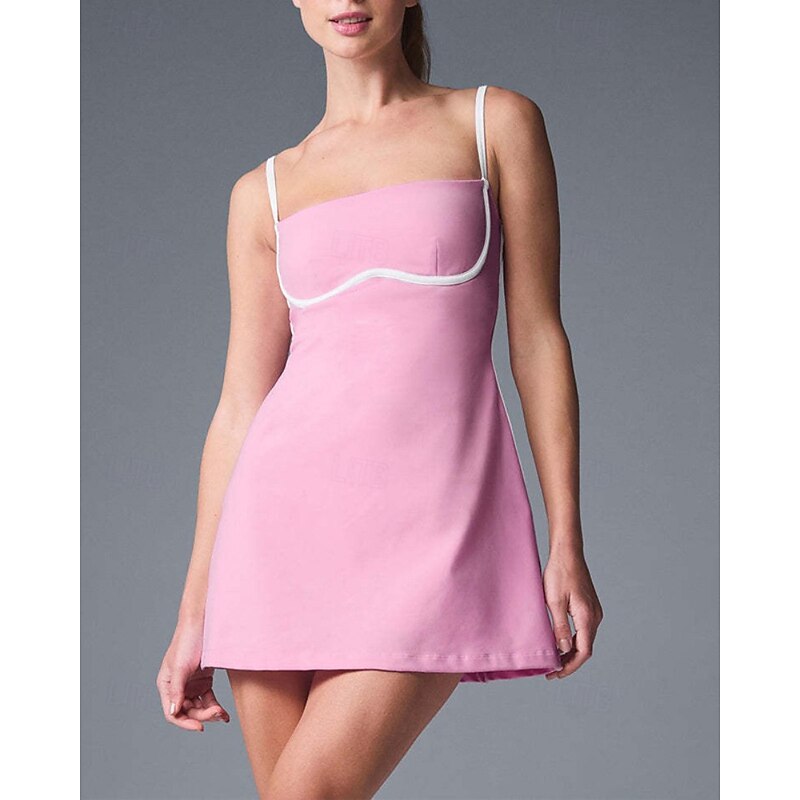 Women's Patchwork Tennis Dress with Built in Shorts and Bra Sports Dress Sleeveless Contrast Binding Quick Dry Moisture Wicking Tennis Golf Pickleball Spaghetti Strap Dress Light Yellow Black Pink