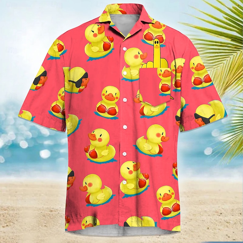 Men's Little Yellow Duck Funny Cuban Collar Shirt Summer Hawaiian Shirt Aloha Shirt Short Sleeve Hawaiian Vacation Holiday Beach Wear Summer Spring Camp Collar Shirt 3D Print Front One Pocket Black4