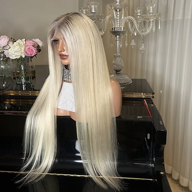 Brazilian Hair Ombre Remy Human Hair Ash Blonde  5x5 Closure Wigs Straight 13x4 Lace Front Wig with Baby Hair 100% Virgin Hair Glueless Wigs Pre-Plucked For Women3