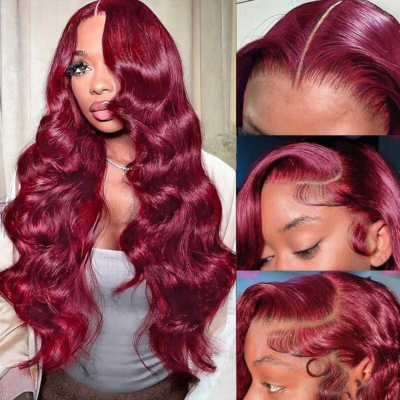 13X4 99J# Burgundy Lace Front Human Hair Wig Body Wave Transparent Front Lace Wig 150% Density3