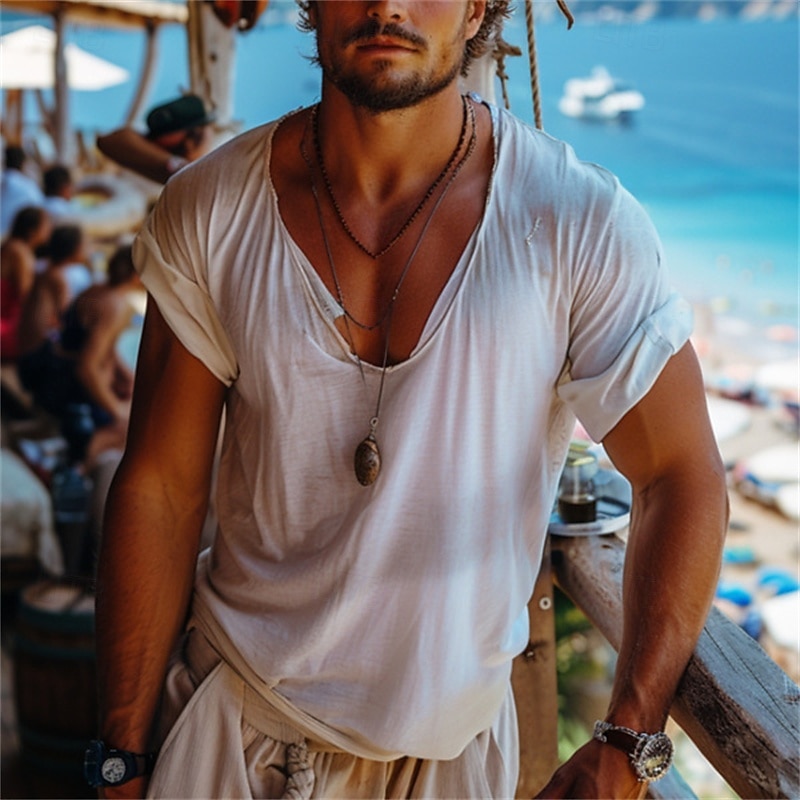 Men's T Shirt Tee Short Sleeve Shirt Tee Top Short Sleeve V Neck Summer Plain Fashion Designer Basic Classic Vacation Street Going out Beige Top Tee for Men