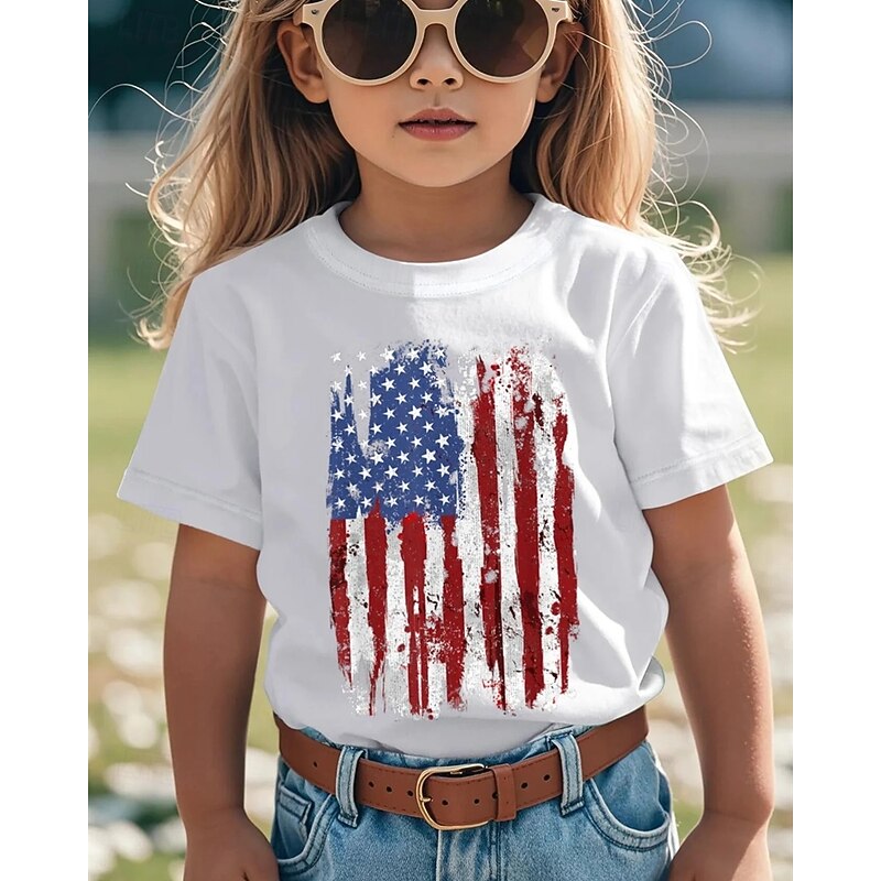 100% Cotton Kids Girls' Black White American Flag T shirt Tee Crew Neck Short Sleeve Outdoor Vacation Daily Classic Casual Print Summer