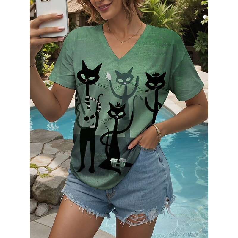 Women's T Shirt Graphic Animal Cat Vintage Stylish Classic Short Sleeve V Neck Regular Tops Daily Print Dusty Rose Light Brown Blue Purple Green Summer Spring4