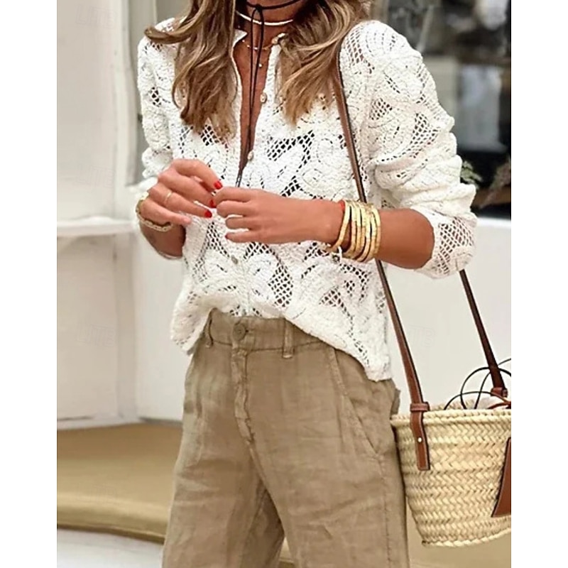Women's Shirt Blouse Plain Casual Long Sleeve Crew Neck Regular Tops Daily Going out Lace White Summer3