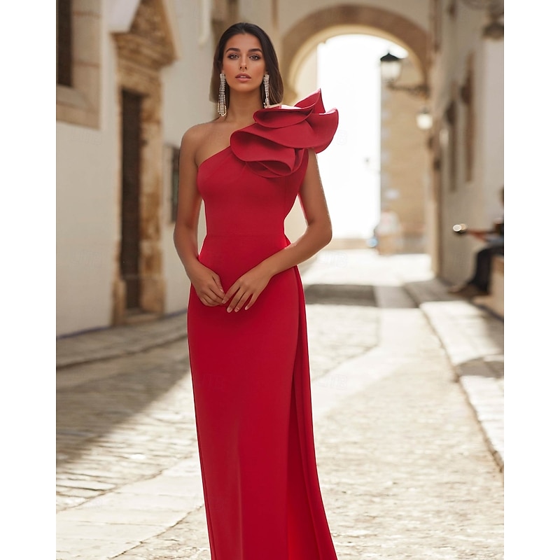 Red Black Column Evening Gown Elegant Dress Formal Wedding Guest Floor Length Sleeveless One Shoulder Detachable Stretch Crepe with Shawl