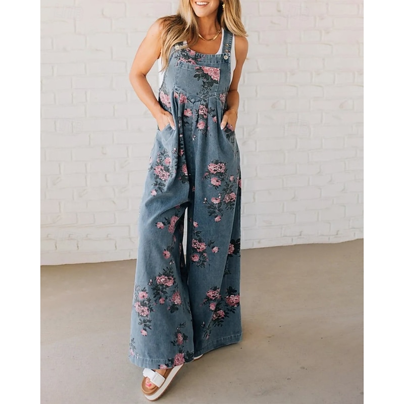 Women's Normal Jumpsuit Streetwear Floral Sleeveless U Neck Pocket Print Street Going out Regular Fit Black Red Blue Summer