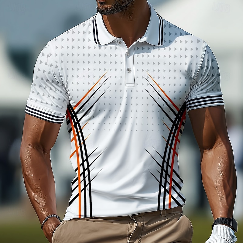 Men's Sports Polo Shirts Casual Sports Lapel Short Sleeve Geometric Line Buttons Summer Robin's Egg Blue Orange Green Sports Polo Shirts