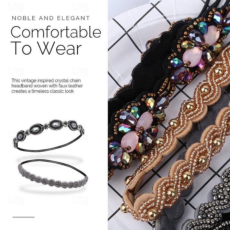 Elastic Beaded Headbands Beads Crystal Rhinestone for Women amp Girls4