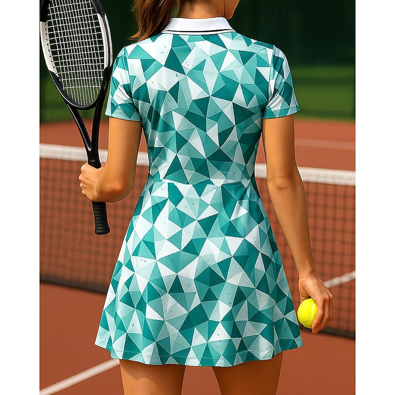 Women's Geometric Tennis Skirts with Shorts Sports Dress Short Sleeves Printing Moisture Wicking Breathable Tennis Golf Pickleball Polo Collar Open Back Green Tennis Clothing2