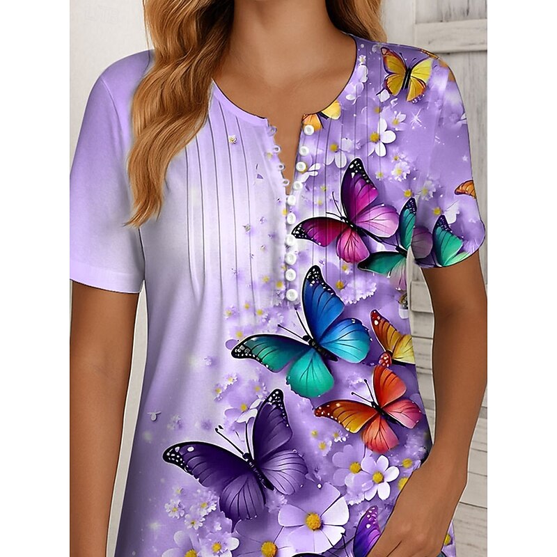 Women's T Shirt Ombre Floral Graphic Vintage Stylish Classic Short Sleeve Round Neck Regular Tops Daily Weekend Beach Wear Smocked Buttons Print Red Purple Green Summer Spring2