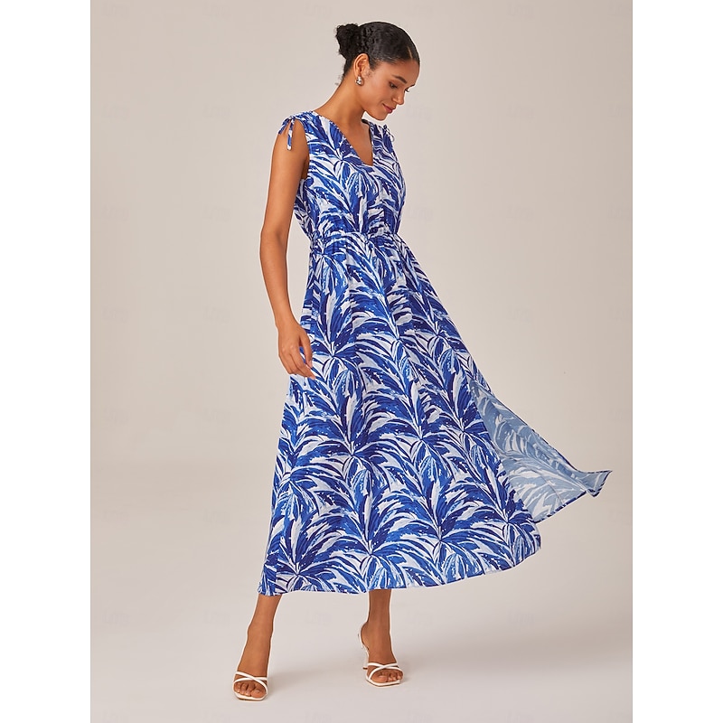 Petite Leaf Print Drawstring Short Sleeve Maxi Dress4