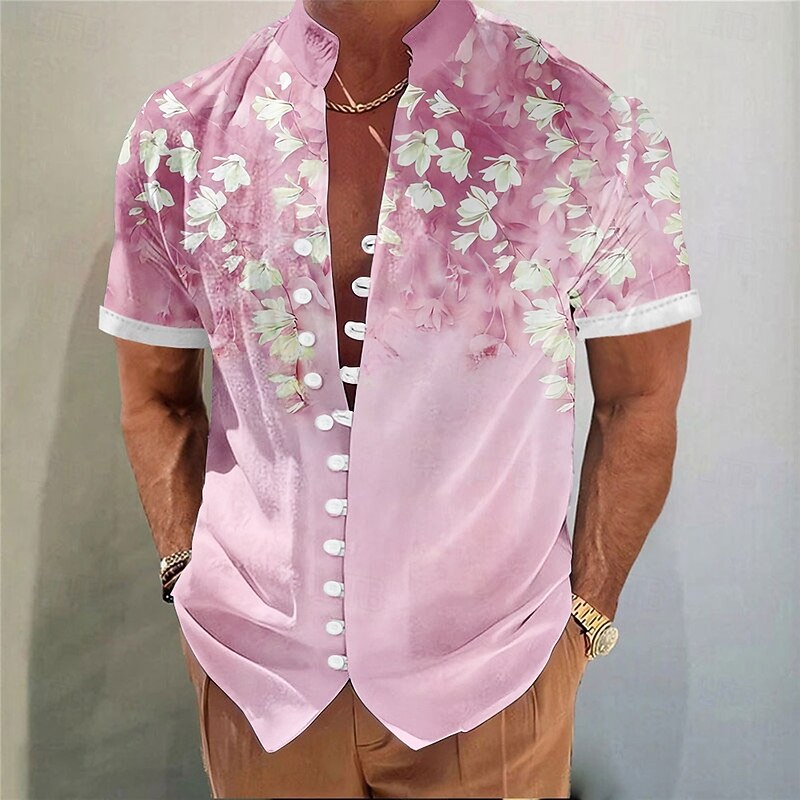 Men's Coconut Tree Tropical Plants Summer Hawaiian Shirt Aloha Shirt Stand Collar Shirt Short Sleeve Hawaiian Vacation Beach Wear Summer Spring Mandarin Collar 3D Print Button Down Shirts Pink Blue3