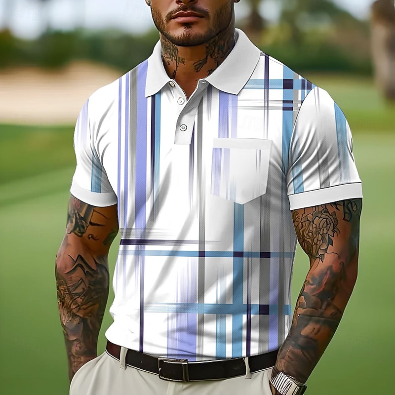 Men's Button Up Polos Street Casual Lapel Short Sleeve Fashion Geometic Line Buttons Pocket Summer White Blue Orange Green Button Up Polos3